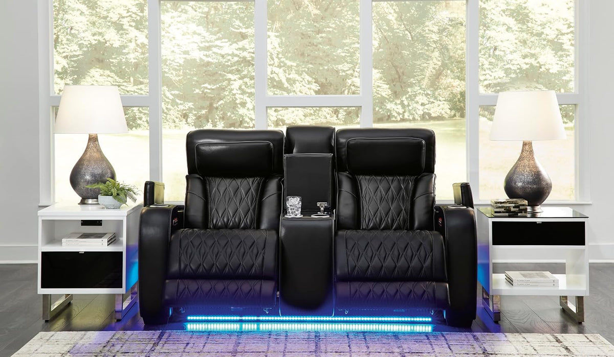 Signature Design by Ashley Boyington Power Reclining Loveseat with Console | A combination of leather and faux leather, Zero-gravity power recline, Air massage system and heat, USB storage console