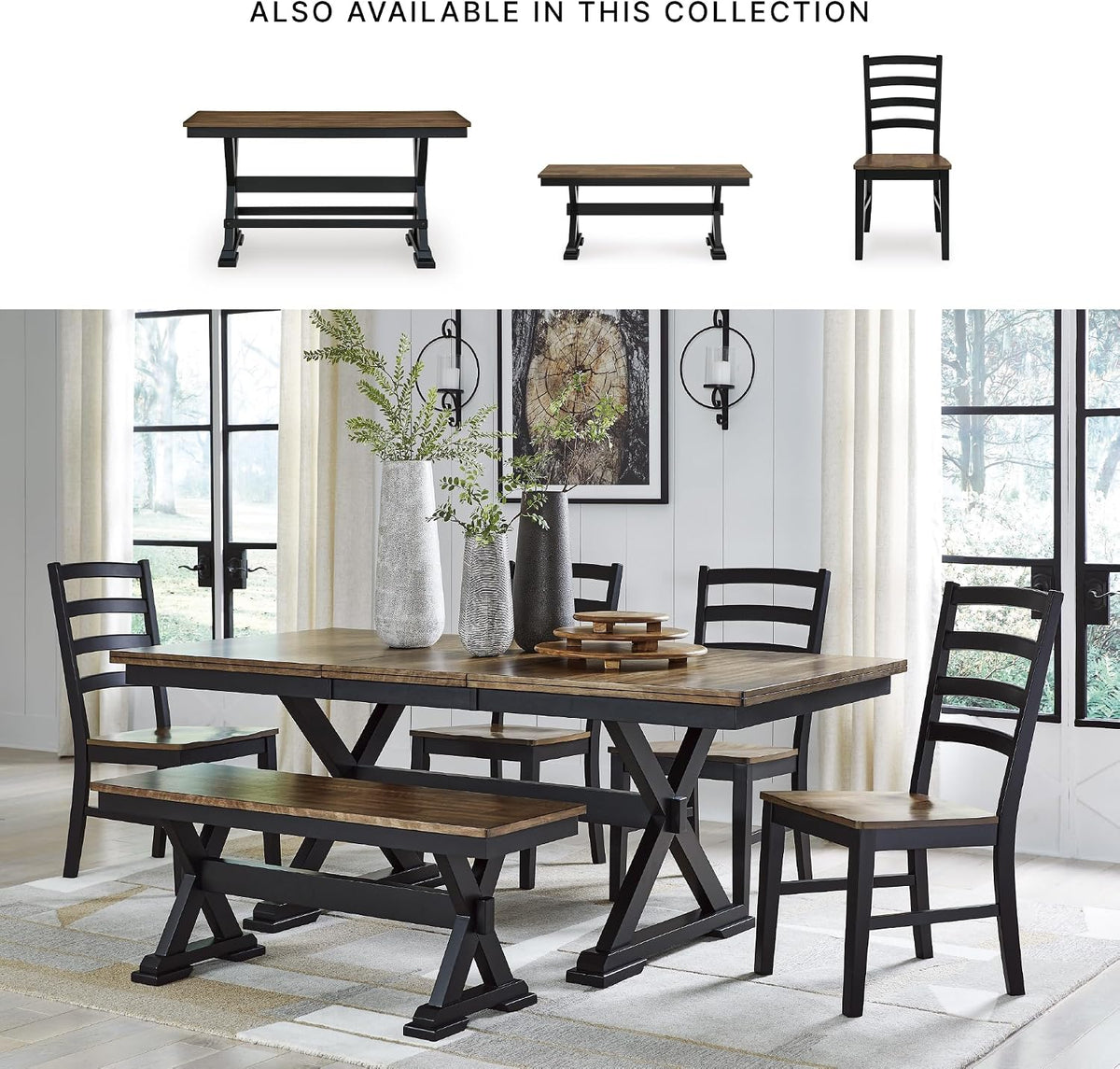 Signature Design by Ashley Wildenauer Dining Chairs Set of 2, Modern Ladderback Dining Chairs with Solid Wood Frame, Two-Tone Finish, Contoured Seat, Black/Brown | Solid wood frame, Mango veneer and MDF substrate seat, Modern ladderback, 250 lb capacity