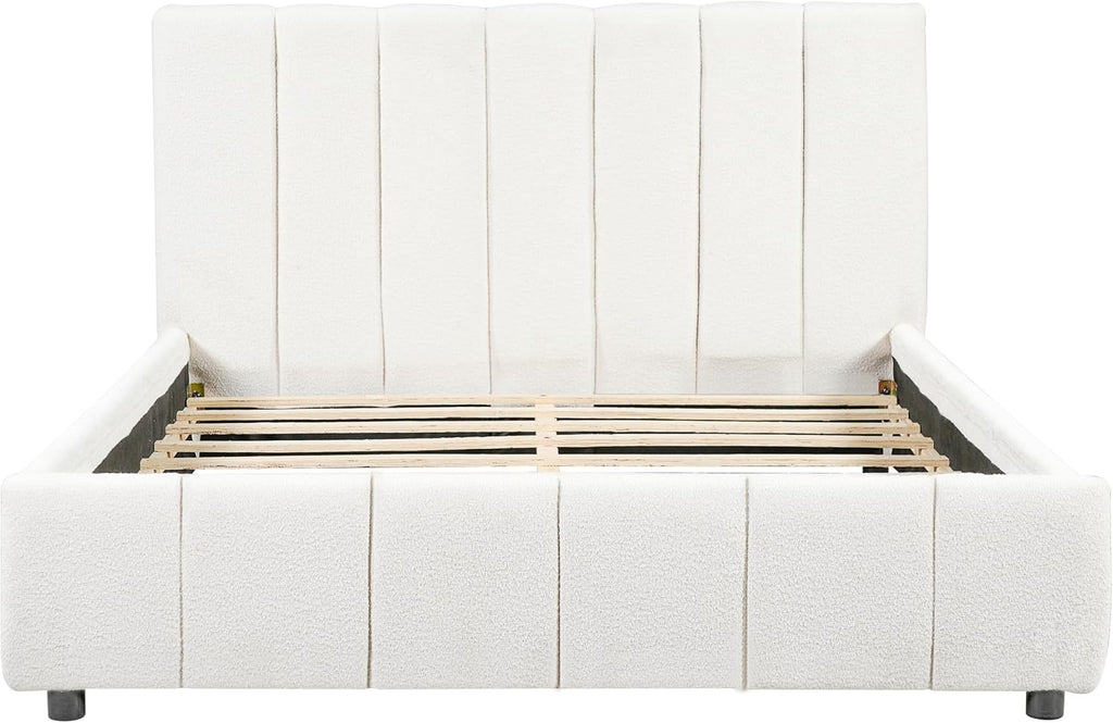 Merax Boucle Upholstered Queen Bed Frame with 42.7" High Headboard & 3.9" Thick, Vertical Stripe Tufting Design, Modern Queen Size Platform Bed, Solid Wood Support Leg, Bear 600Lbs, Off White