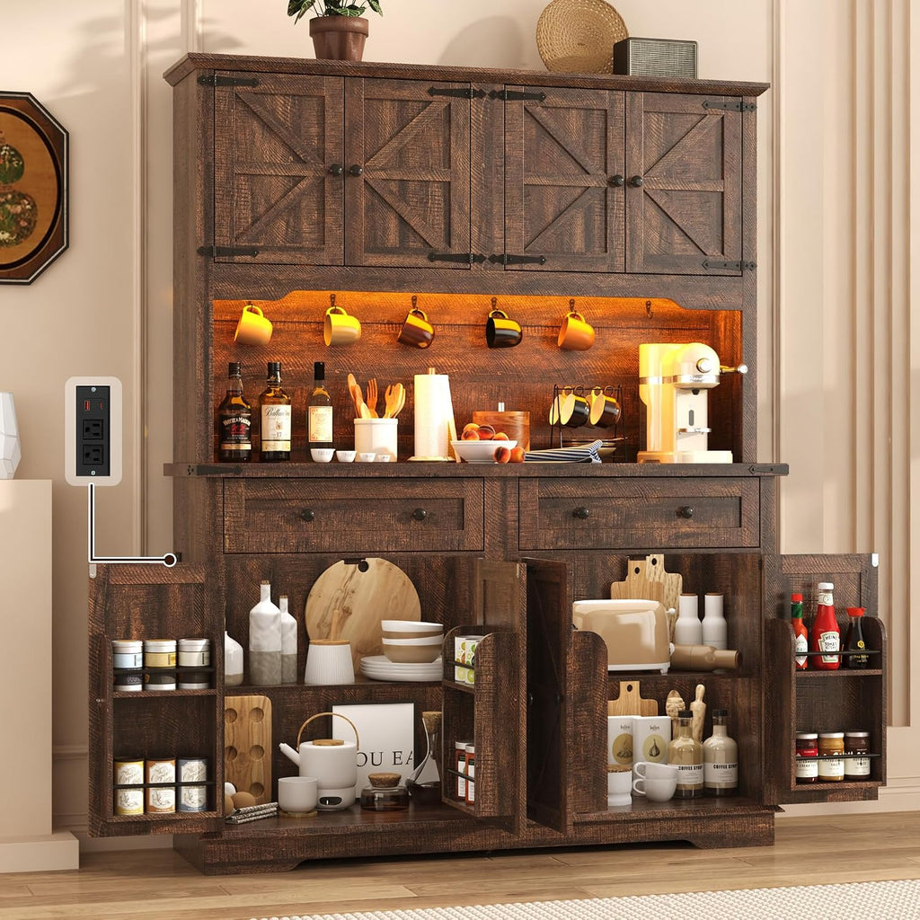 71" Tall Large Pantry Storage Cabinet w/Power Outlet,55" Wide Farmhouse Kitchen Hutch Storage Cabinet w/Barn Doors,2 Drawer,Large Countertop,LED Light,Rustic Coffee Bar,6 Hooks,8 Doors Shelves,Brown