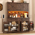 71" Tall Large Pantry Storage Cabinet w/Power Outlet,55" Wide Farmhouse Kitchen Hutch Storage Cabinet w/Barn Doors,2 Drawer,Large Countertop,LED Light,Rustic Coffee Bar,6 Hooks,8 Doors Shelves,Brown