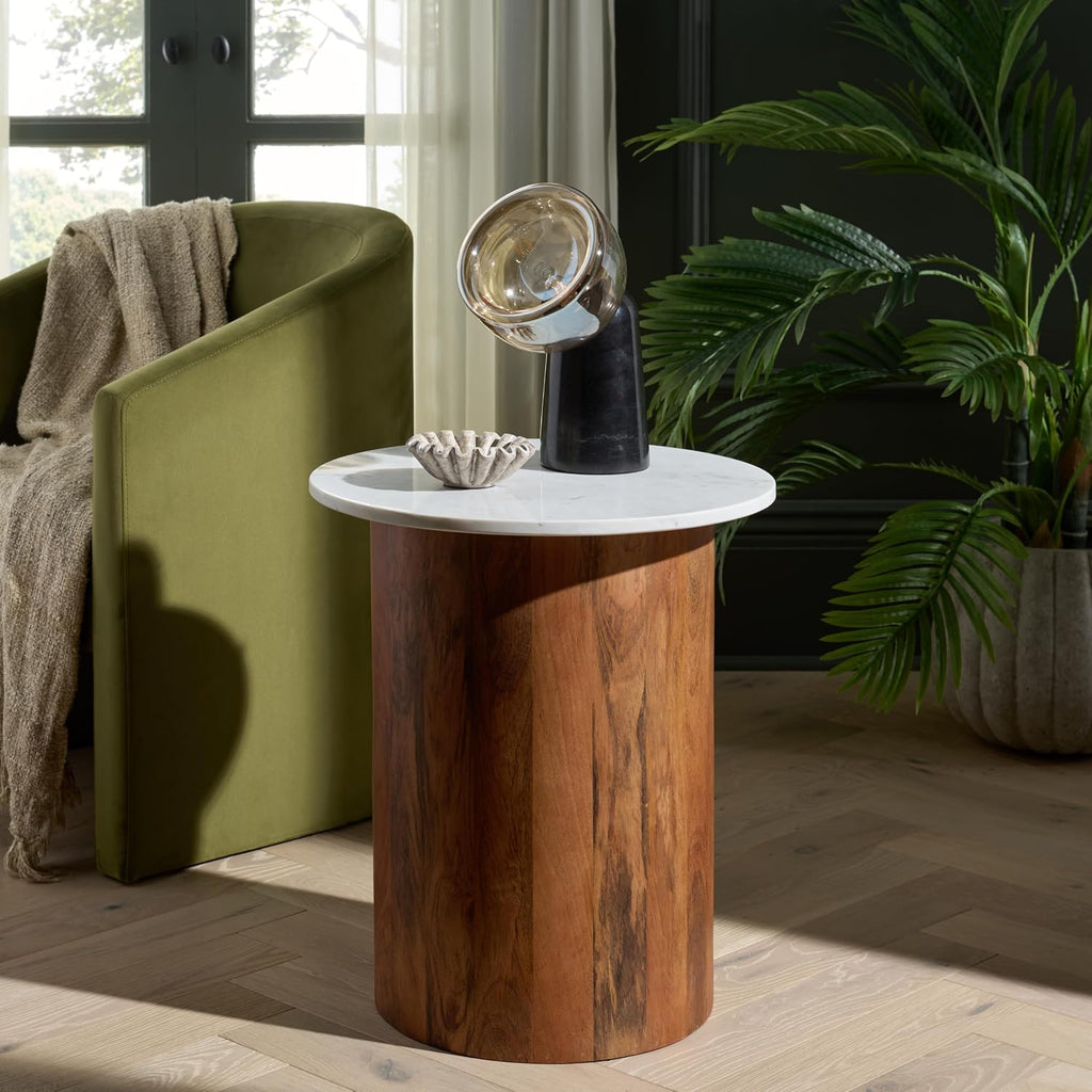 SAFAVIEH Home Collection - Kappie Round Accent Table with White Marble Top & Natural Solid Wood Base (ACC3738A)