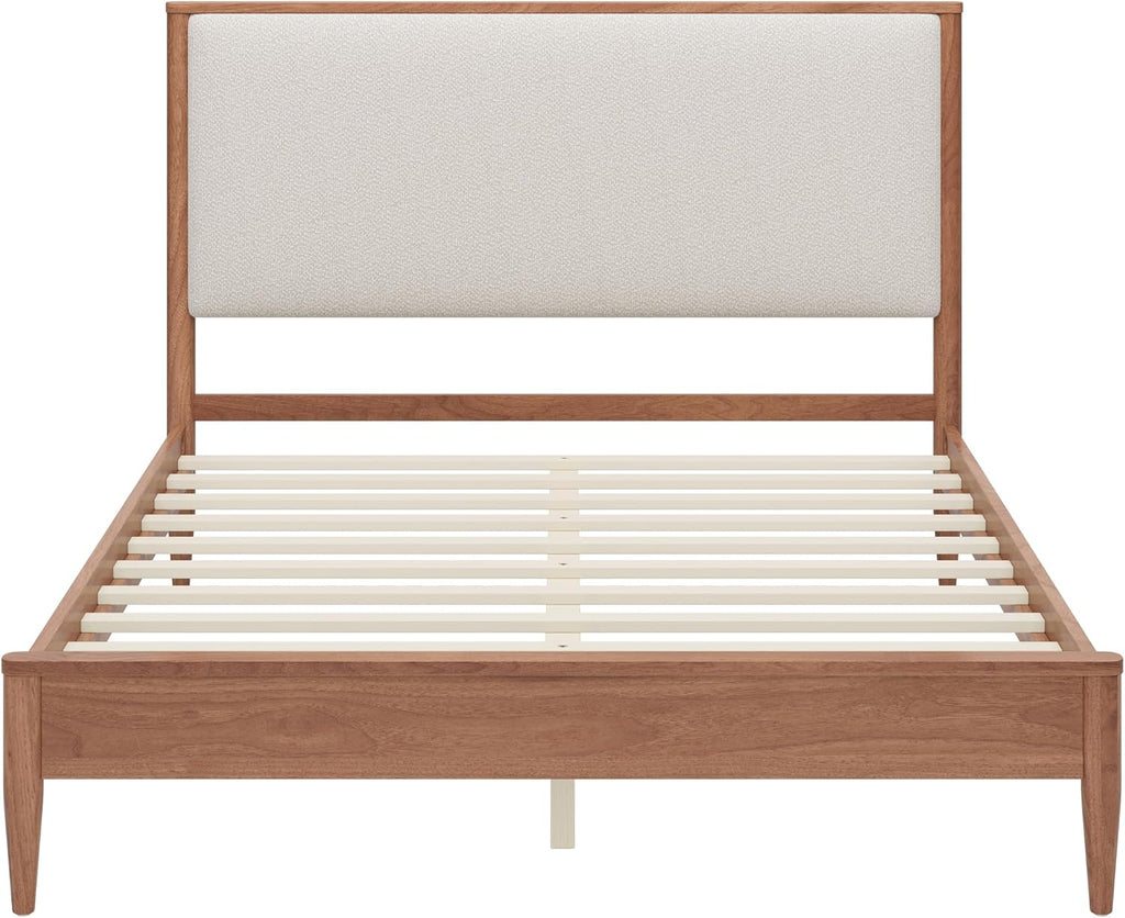 SOFTSEA Solid Wood Queen Bed Frame with Upholstered Headboard, Mid Century Modern Platform Bed Queen Size with Tapered Legs, Walnut