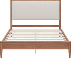 SOFTSEA Solid Wood Queen Bed Frame with Upholstered Headboard, Mid Century Modern Platform Bed Queen Size with Tapered Legs, Walnut
