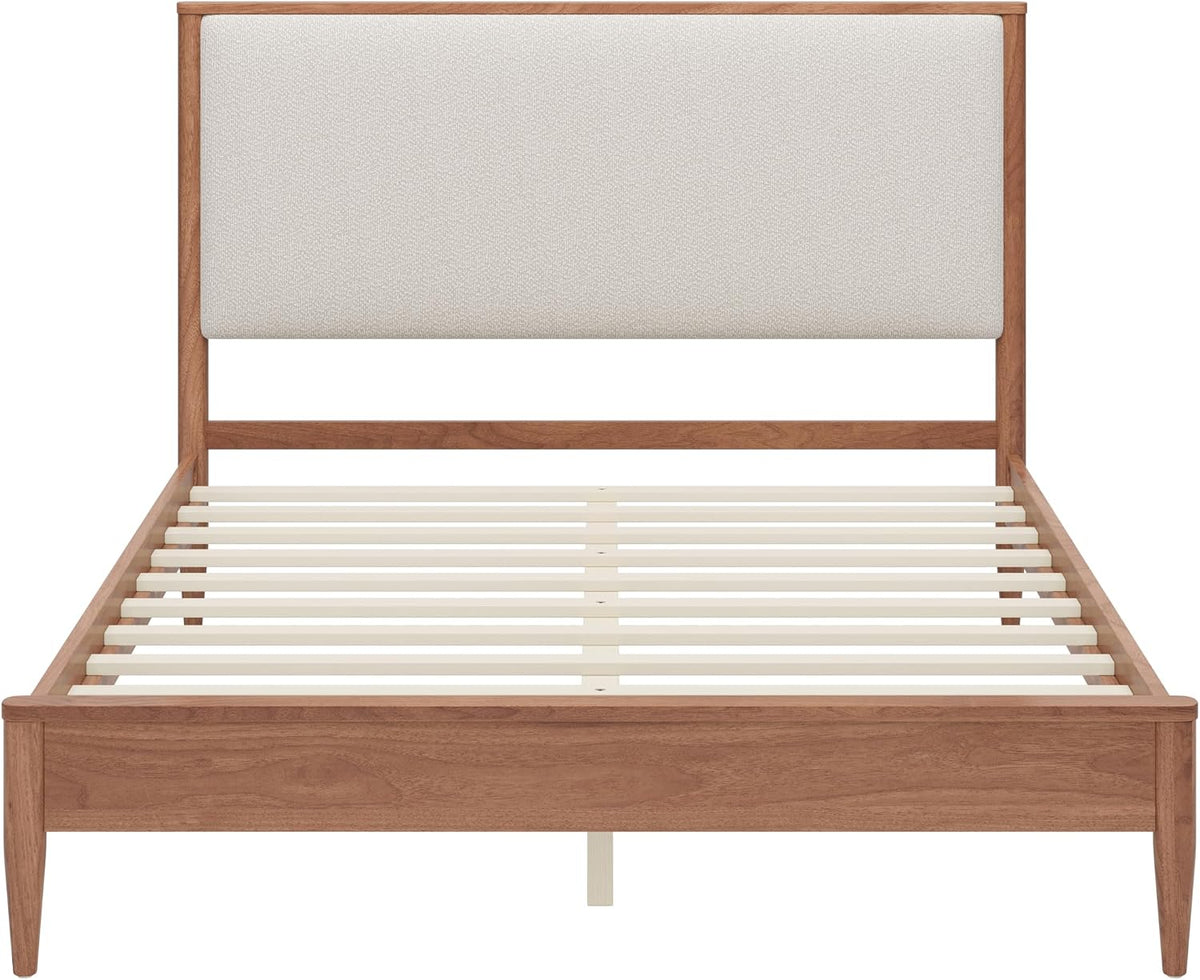 SOFTSEA Solid Wood Queen Bed Frame with Upholstered Headboard, Mid Century Modern Platform Bed Queen Size with Tapered Legs, Walnut