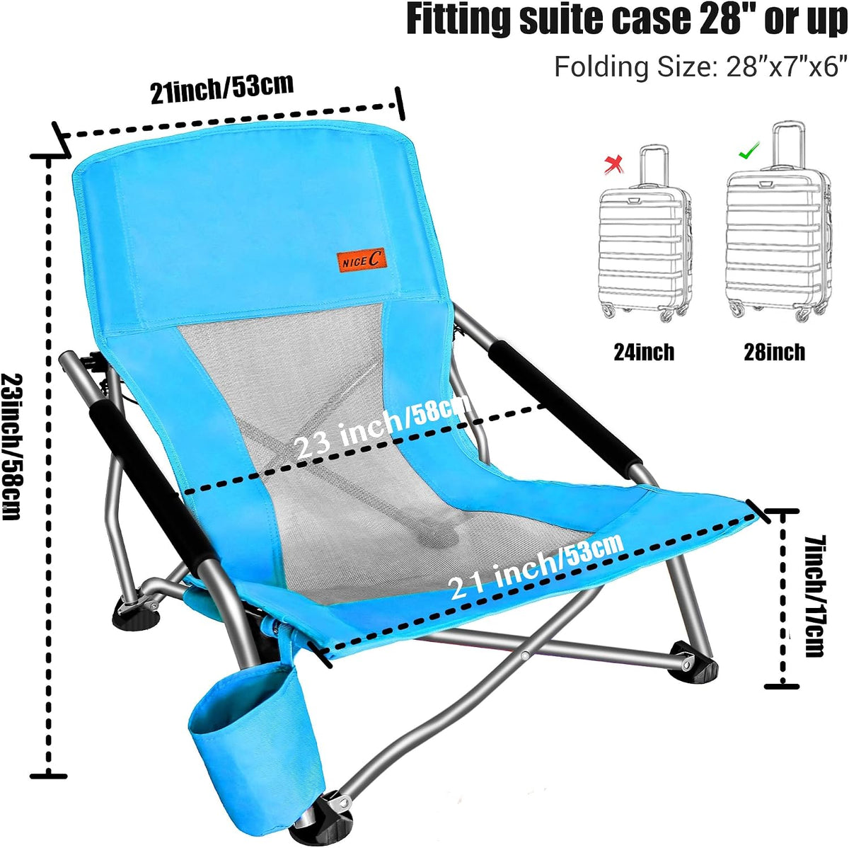 Nice C Low Beach Camping Folding Chair, River Sand Lake Chair (2 Pack Blue) | Compact Backpacking Chair, Sillas De Playa, Cup Holder, Carry Bag, Heavy Duty, Outdoor, BBQ, Travel, Picnic, Festival