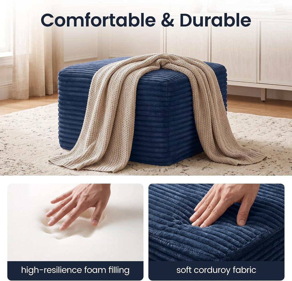 27.6" Floor Ottoman, Plush Corduroy Ottoman Foot Rest for Couch in a Box, Compressed Soft Foam Footrest No Assembly Require, Large Square Footstool for Living Room, Bedroom, Blue