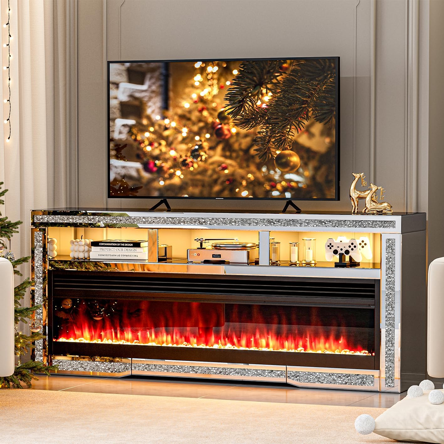 IKIFLY Mirrored Fireplace TV Stand for 65+ inch TV, Silver TV Console Table with Crushed Diamond and LED, Modern Media Entertainment Center for Living Room Remote Control