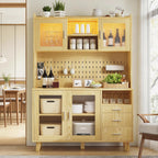 FUXA Modern Farmhouse Kitchen Pantry Cabinet with Charging Station, 71" Tall Storage Cabinet with LED Light, Microwave Stand and Drawers, Buffet Hutch for Living Room, Dining Room, Natural Wood