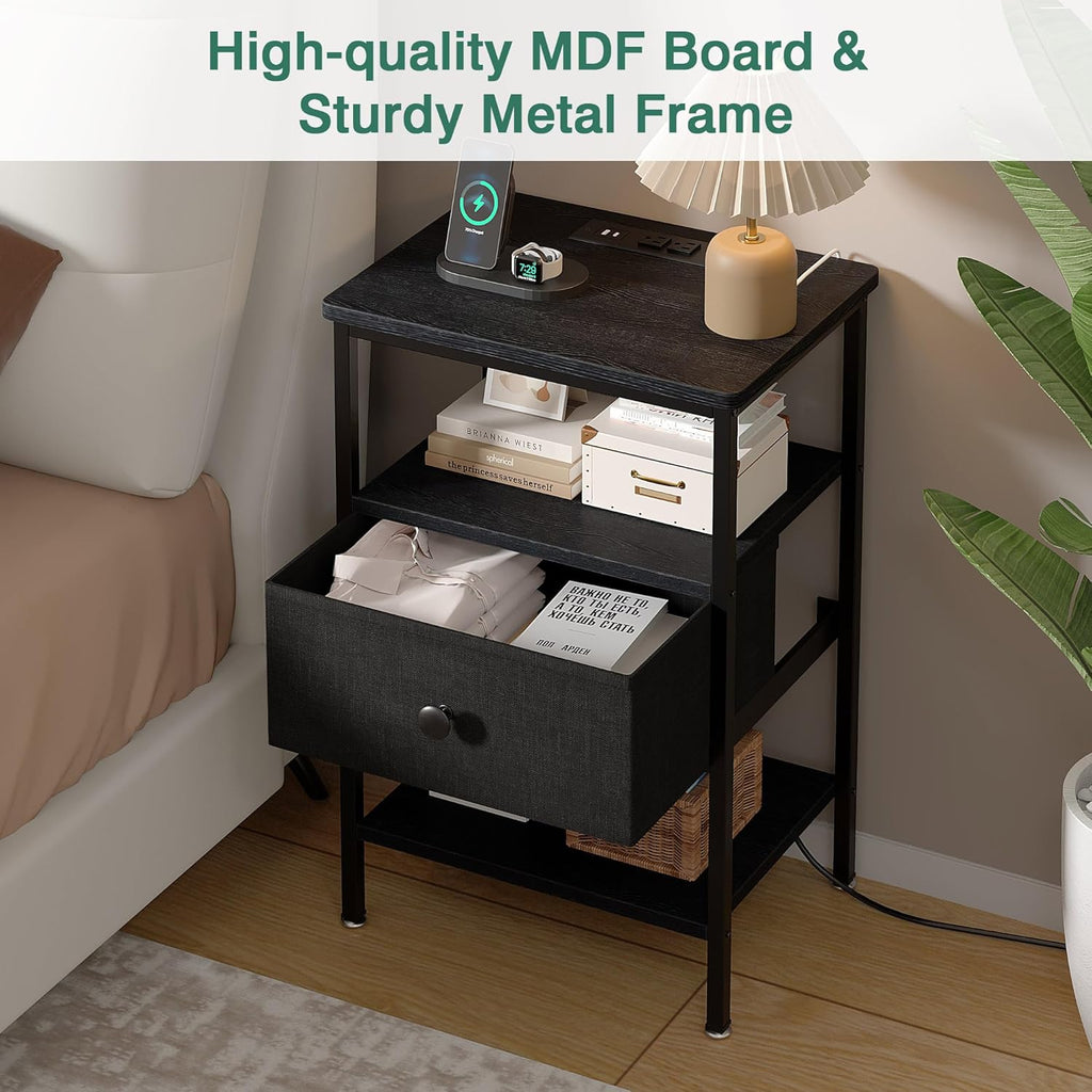 VECELO Nightstands with Charging Station Set of 2,Bedside Tables with Storage Shelf&Fabric Drawer,End Tables for Bedroom,Living Room,Small Spaces,Black