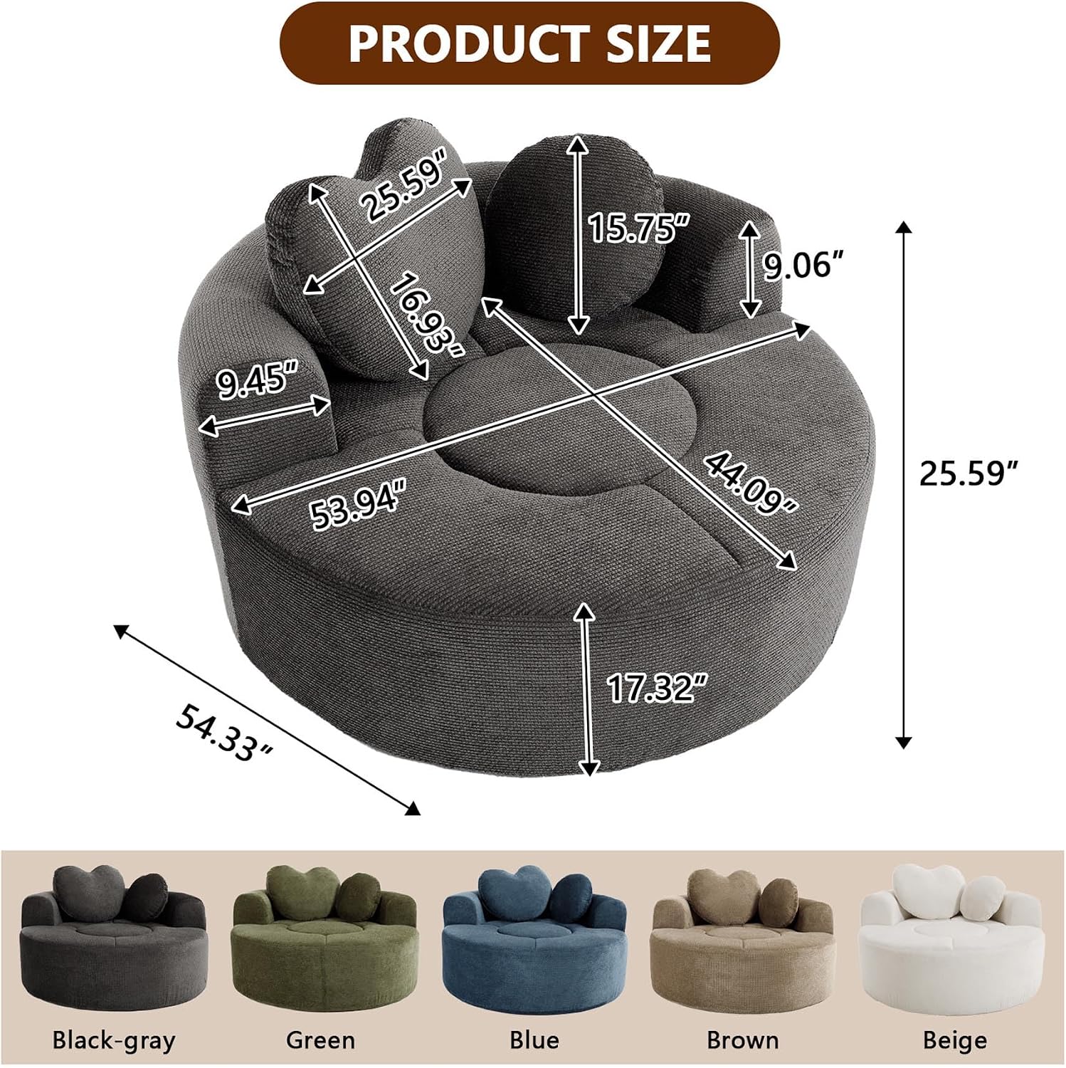 (New) Round Floor Chair Lounger Indoor, Circle Couch With 2 Pillows for Living Room, Cozy Cuddle Chair In a Box With Curved Armrest And Backrest, Heart Shaped, No Assambly Needed (Gray Black)
