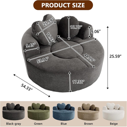 (New) Round Floor Chair Lounger Indoor, Circle Couch With 2 Pillows for Living Room, Cozy Cuddle Chair In a Box With Curved Armrest And Backrest, Heart Shaped, No Assambly Needed (Gray Black)