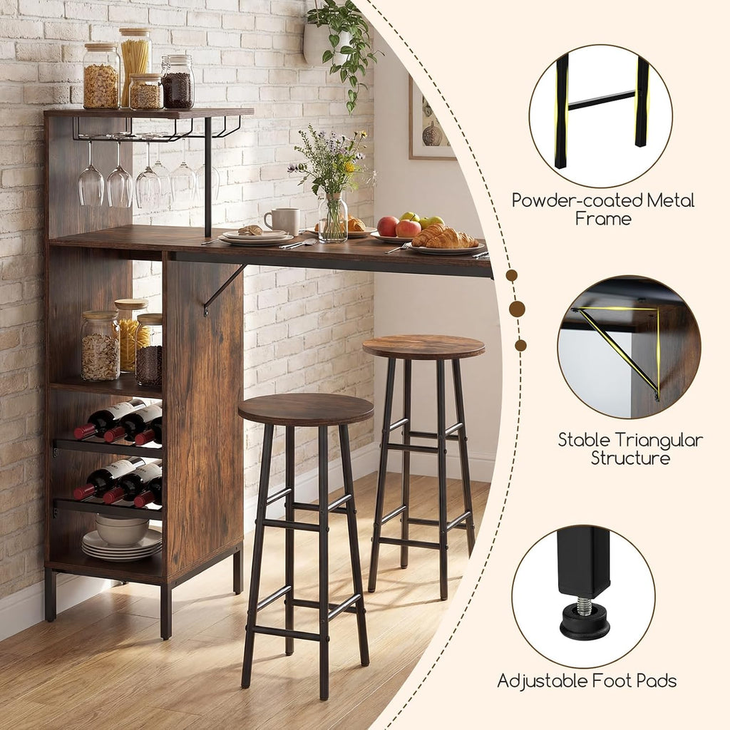 Giantex 3 Pieces Bar Table and Stools Set, Bistro Table Set with Glass Holder, 2 Tier Wine Rack & Storage Shelves, Kitchen Counter Table with 2 Stools for Home, Dining Room, Restaurant (Rustic Brown)