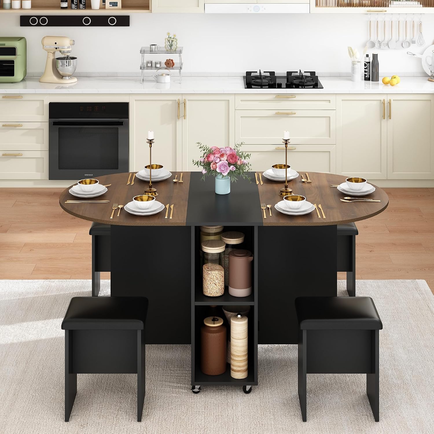 5 PCS Farmhouse Dining Table Set for 4,60" Large Round Folding Dining Table Set w/ 4 Leather Chairs, Drop Leaf Oval Modern Kitchen Table for Small Spaces,6 Wheels,2-Layer Storage Shelf,Walnut