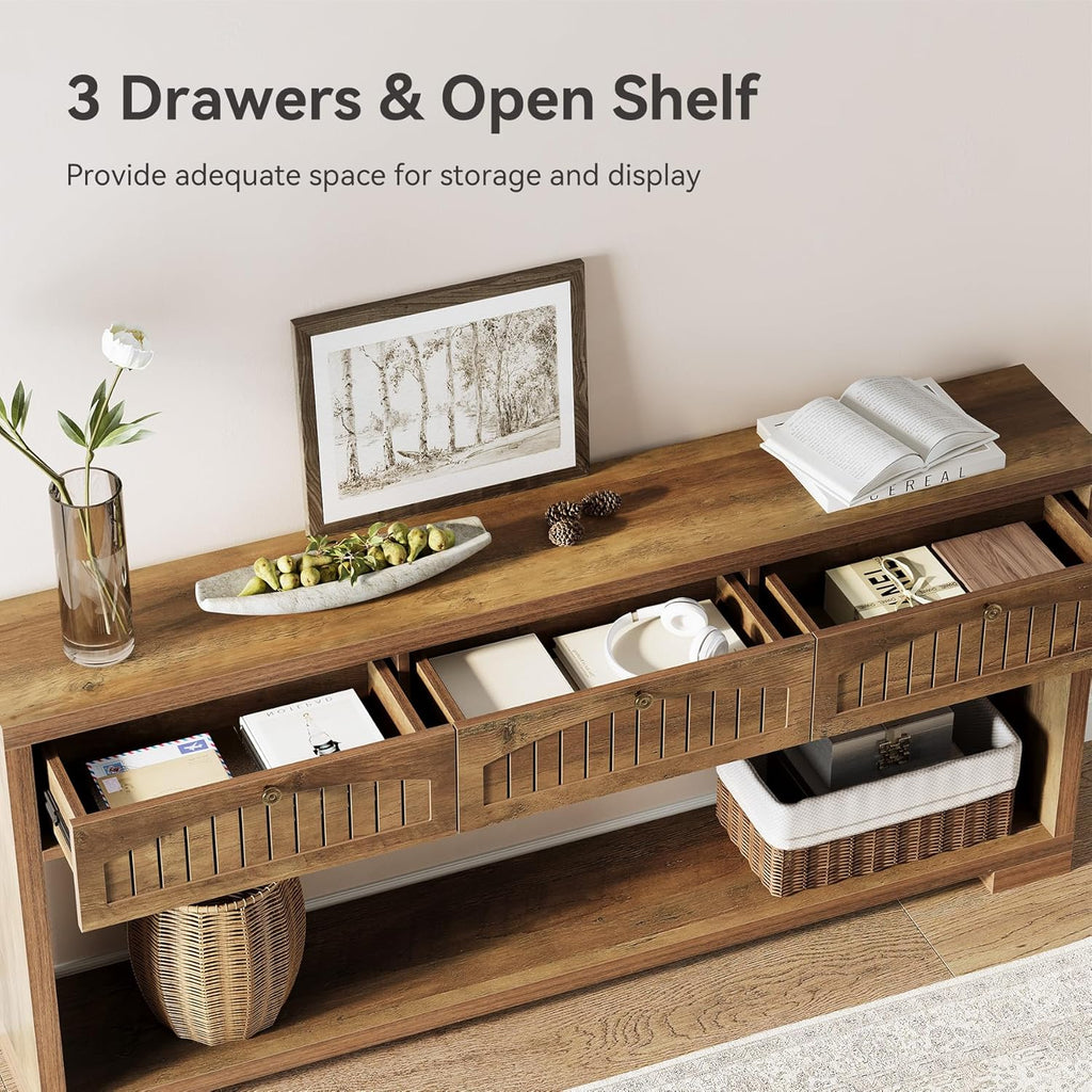 LITTLE TREE 70.8-Inch Console Entryway Table with 3 Drawers & 2-Tier Open Shelf, Farmhouse Narrow Long Sofa Table for Living Room, Entryway, Foyer, Hallway, Behind Couch, Entrance, Rustic Brown
