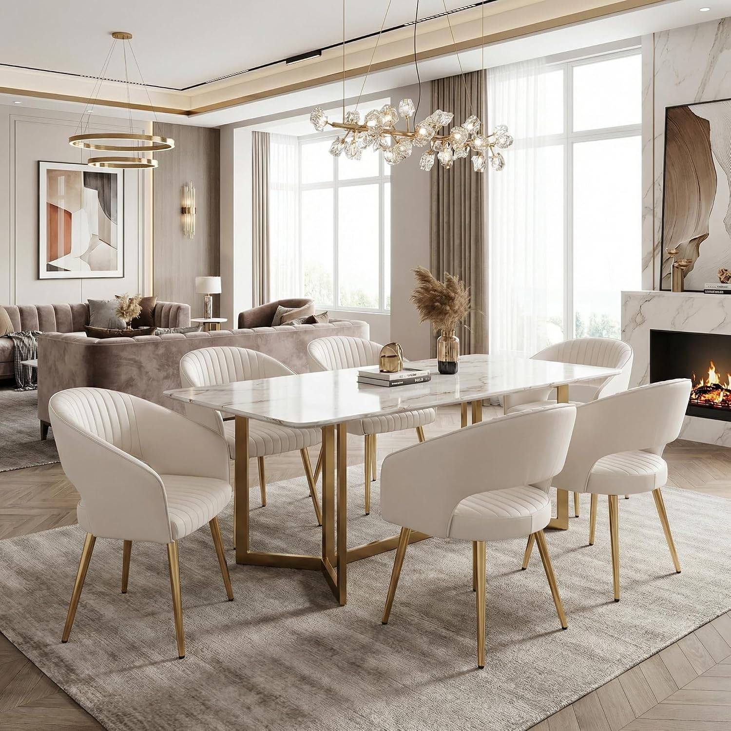 Modern Dining Chairs Set of 4, Upholstered PU Leather Dining Room Chairs with Gold Metal Legs, Accent Kitchen Chairs with Curved Backrest for Living Room, Cream