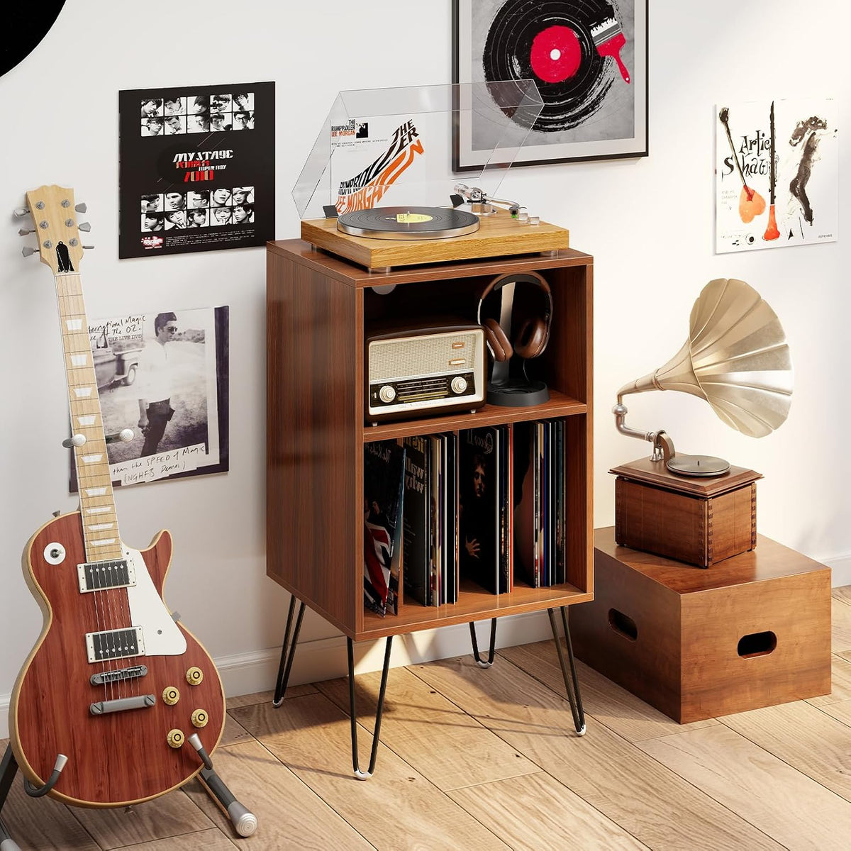 LOKO Record Player Stand with Charging Station, Turntable Stand with Vinyl Storage & USB Ports, Farmhouse Vinyl Record Storage Cabinet for Living Room, Bedroom, Music Room, Holds Up to 150 Albums