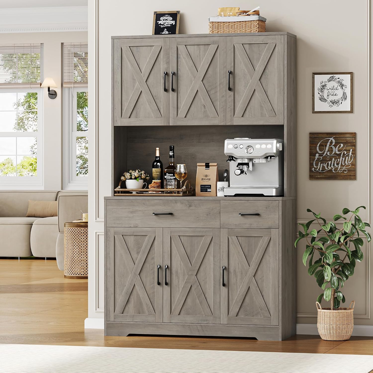 HOSTACK 71" H Kitchen Pantry Storage Cabinet, Farmhouse Hutch Cabinet, Grey | Space-Saving Pantry Cabinet with Charging Station & 2 Large Drawers & Adjustable Shelves, Tall Kitchen Hutch, Dining Room