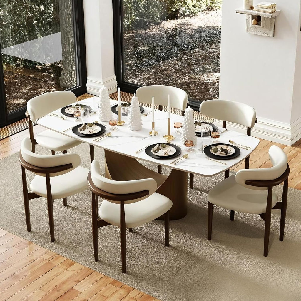POVISON 71" Modern Dining Table for 6-8, Matte White Sintered Stone Top | Bronze Carbon Steel Pedestal Base, Hobart Minimalist Rectangular Table for Dining Room, Kitchen, Home（Table Only）