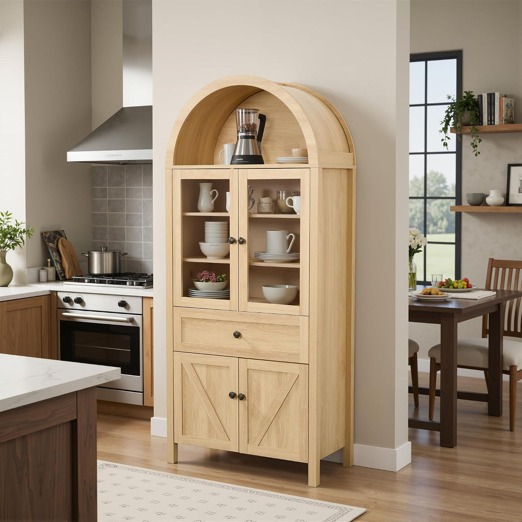 Arched Pantry Cabinet with Doors and Drawers,Farmhouse Kitchen Pantry Storage Cabinet,China Cabinets with Glass Doors,Dining Room Hutch(Natural)