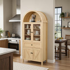 Arched Pantry Cabinet with Doors and Drawers,Farmhouse Kitchen Pantry Storage Cabinet,China Cabinets with Glass Doors,Dining Room Hutch(Natural)
