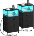 JARHETUN Night Stand Set 2 with Charging Station, 3 Drawer Nightstands with LED Lights, End Table with Outlets and USB Ports, Side Table with Open Shelf, Bedside Tables for Bedroom, Black