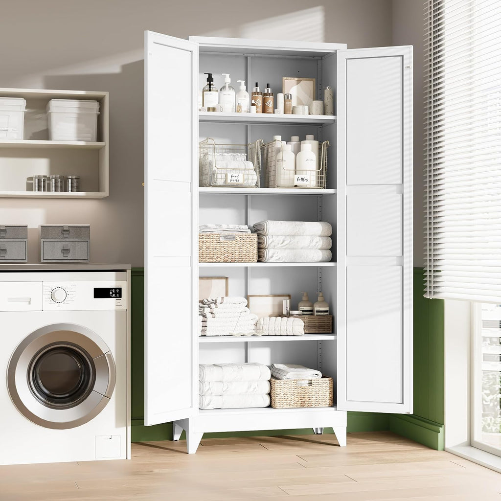 Letaya 75" H Metal Storage Cabinet with 2 Doors and 4 Shelves,Tall Kitchen Pantry Cabinets,Farmhouse Utility Pantry Organizers for Cupboard/Dining/Bathroom/Home Office/Garage Room,White