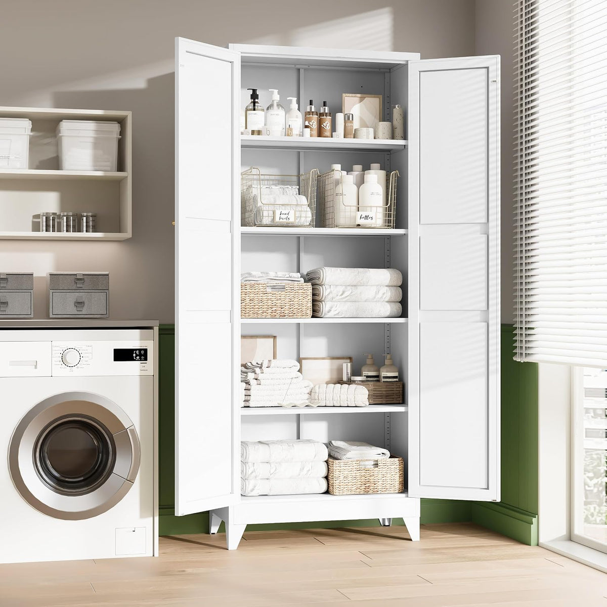 Letaya 75" H Metal Storage Cabinet with 2 Doors and 4 Shelves,Tall Kitchen Pantry Cabinets,Farmhouse Utility Pantry Organizers for Cupboard/Dining/Bathroom/Home Office/Garage Room,White