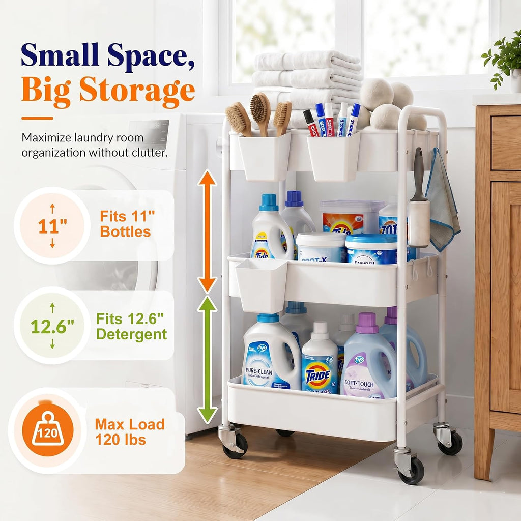 3 Tier Rolling Cart Metal with Wheels, White Three Tiered Storage Cart on Wheels, Utility Trolley Carts Organizer for Kitchen Storage, Pantry, Snack, Craft, Art, Lash, Makeup, Bathroom, Dorm Supply