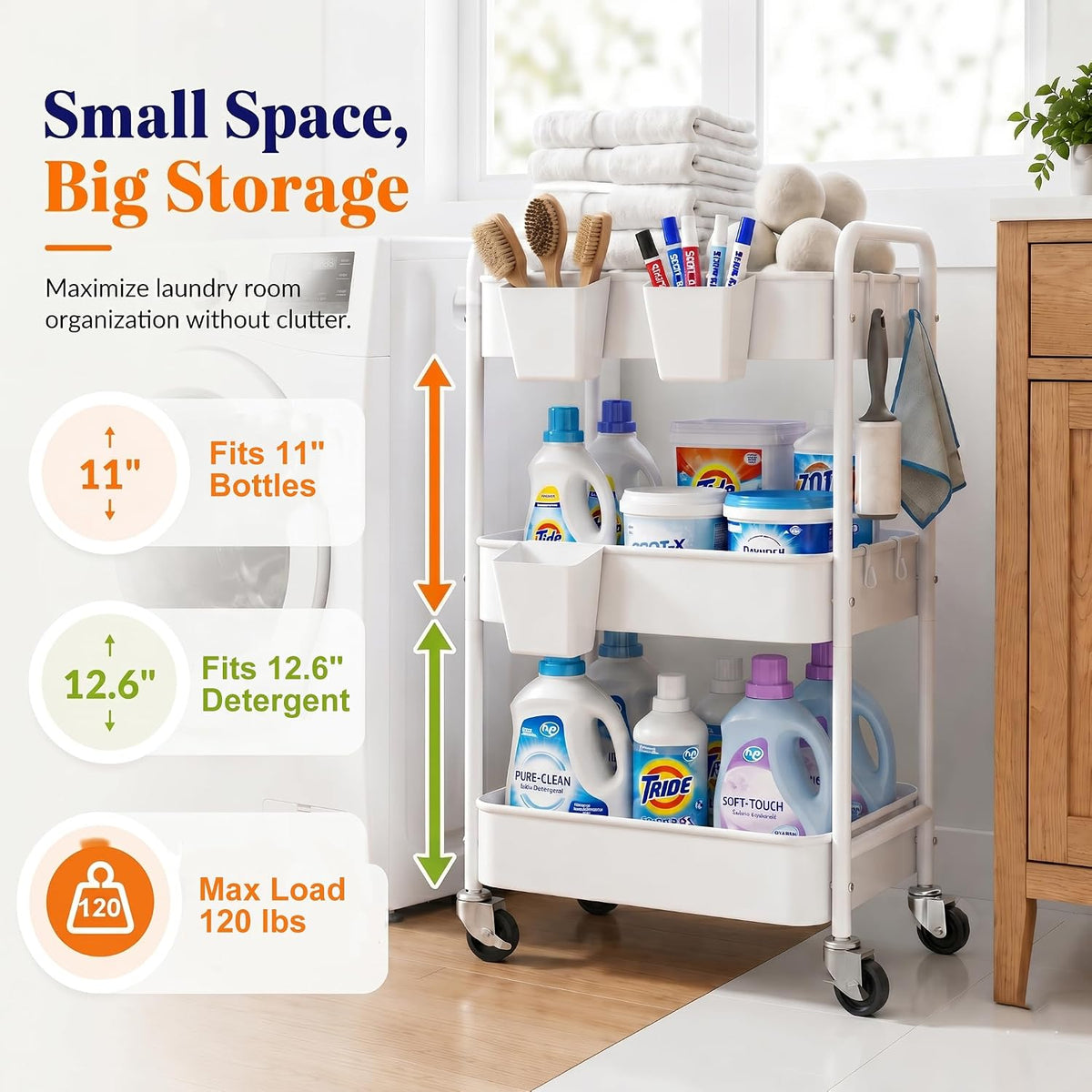 3 Tier Rolling Cart Metal with Wheels, White Three Tiered Storage Cart on Wheels, Utility Trolley Carts Organizer for Kitchen Storage, Pantry, Snack, Craft, Art, Lash, Makeup, Bathroom, Dorm Supply