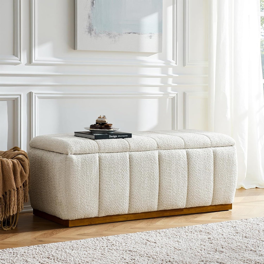HULALA HOME Storage Bench with Solid Wood Base, Chenille End of Bed Bench for Bedroom, Living Room, Entryway, No Assembly, Beige