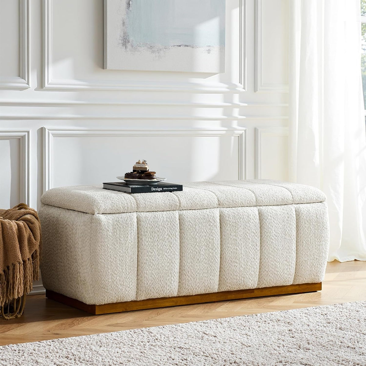 HULALA HOME Storage Bench with Solid Wood Base, Chenille End of Bed Bench for Bedroom, Living Room, Entryway, No Assembly, Beige