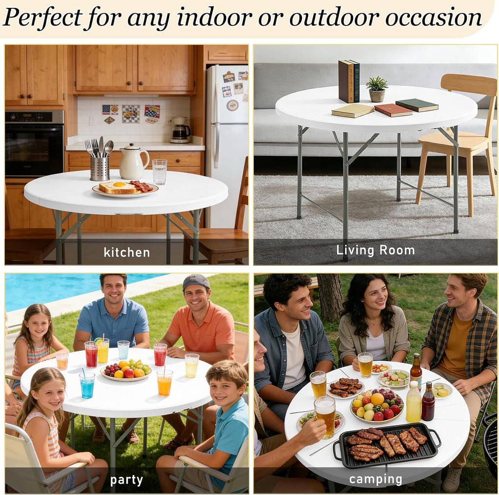 HAISIWLKJ 4FT Round Folding Table White Fold-in-Half with Carrying Handle Portable Plastic Table for Outdoor or Indoor Events,Dining,Wedding, Camping,Party Table