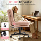 Wide Plush Comfy Criss Cross Rolling Office Desk Chair for Women Pink | 7.09" Thick Cushion, 90-130° Rocking, Height Adjustable, Swivel, Oversized Fabric Reading Chair for Living Room Bedroom