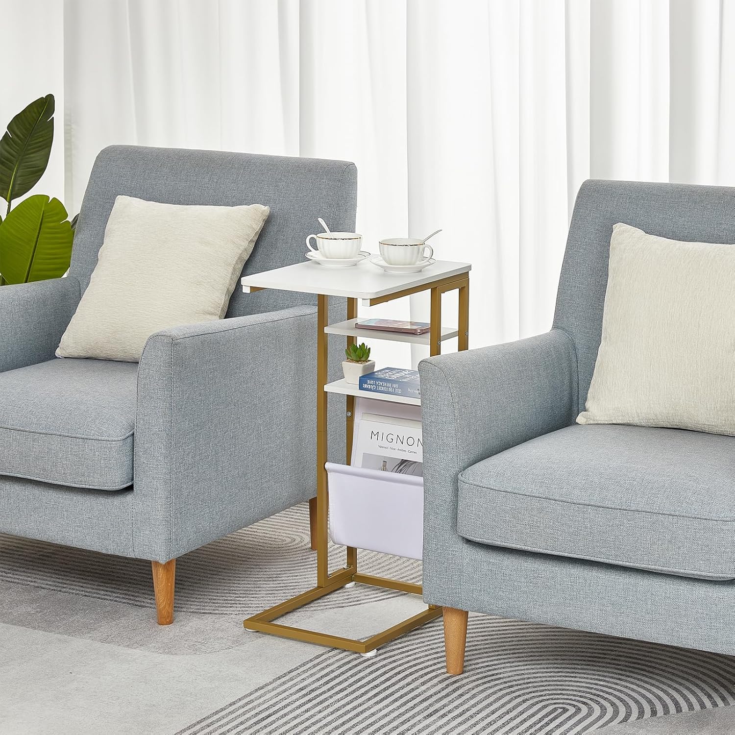 C Shaped End Table 28"(H) 3-Tier C Table with Storage Bag, Under Couch Table C-Shaped End Table with Storage Shelves and Bag for Living Room, Bedroom, or Office