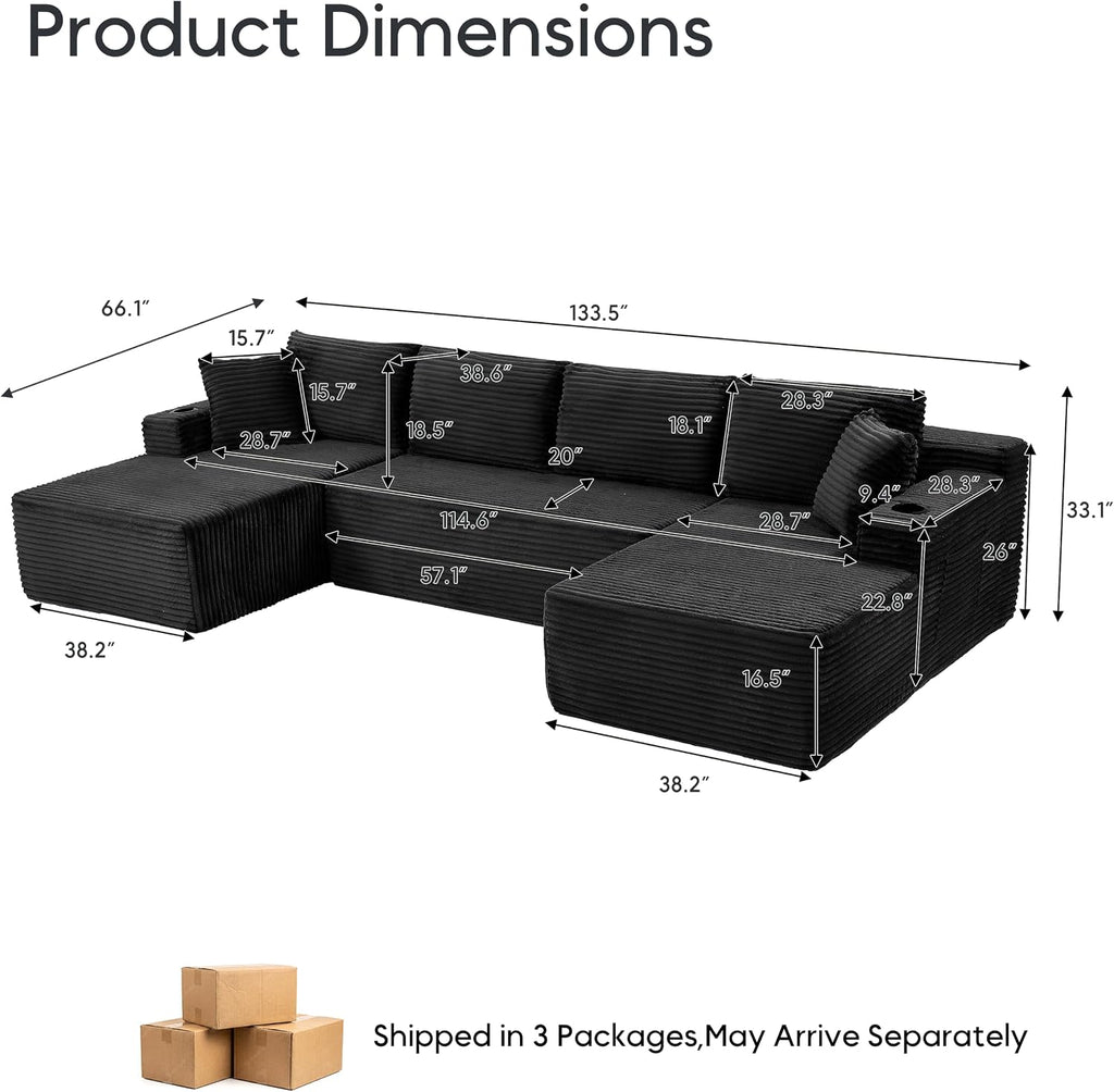 133" U-Shaped Modular Sectional Sofa, Corduroy Couch, Black | Cloud Luxury Comfort, Couches for Living Room, Storage & Cupholder, Oversized Sofa, Deep Seat, No Assembly Required