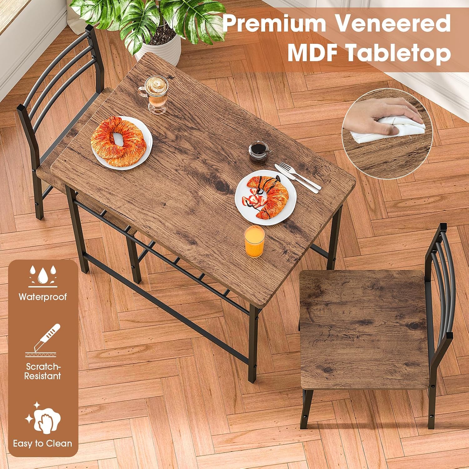 Fenbeli 3 Piece Dining Table Set - Small Kitchen Table & Chair Sets for 2, Breakfast Table Set w/Steel Frame, Built-in Storage Rack for Dining Room, Living Room, Apartment (Brown, Small)