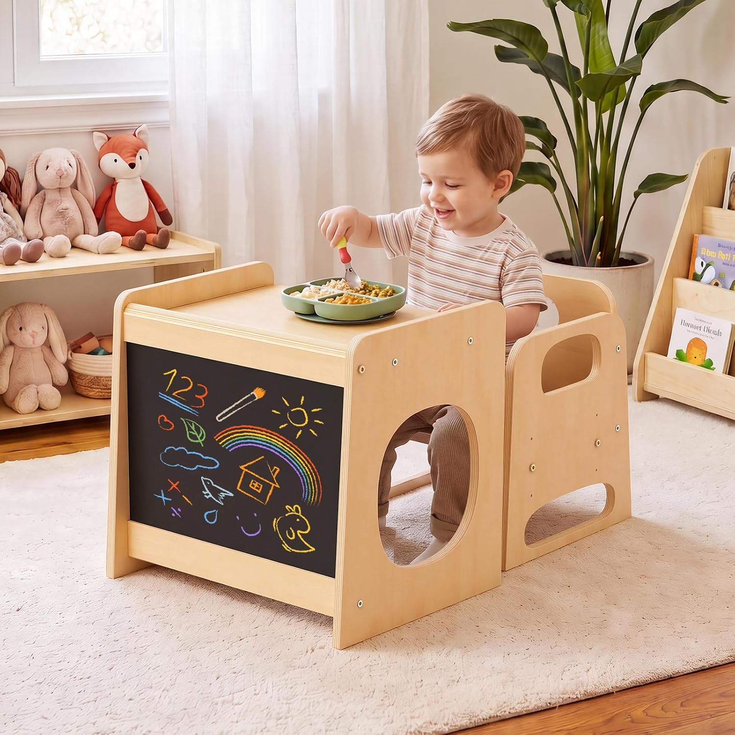 GVOO Montessori Weaning Table and Chair Set, 3 Adjustable Height Toddler Table and Chair Set, for Eating, Reading, Baby Proofing Design, Natural White