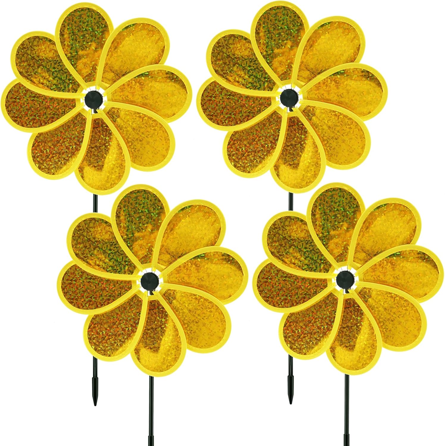 4PCS Flower Wind Spinner Sparkly Lawn Pinwheel 11.8 inch Yellow Garden Windmill for Garden, Party, Outdoor, Yard Decor
