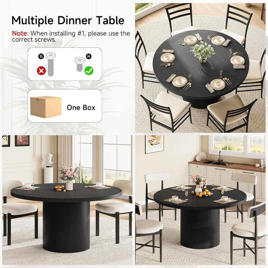 Round Kitchen Dining Table for 4-6 People, 47 inch Mid-Century Circle Dinner Tables, Rustic Wood Base in Fluted Design, Space Saving Dining Room Furniture, Large Table Only for Family Party, Black