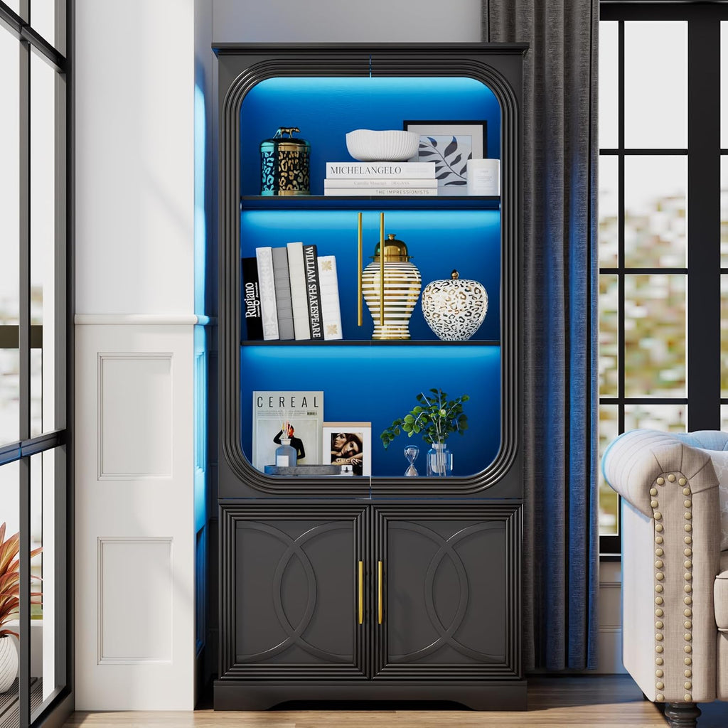69" Tall Display Cabinet with Glass Doors, Curio Cabinet with 3 LED Lights and Human Body Sensor, Glass Display Case with Storage Cabinet for Living Room, Black