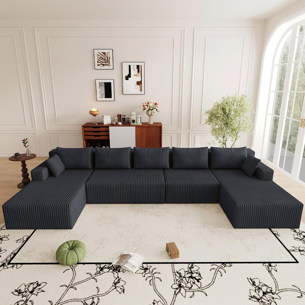 160" U Shaped Cloud Couch, Oversized Modular Sectional Sofa for Living Room | Modern Corduroy Couch, 5 Seater Deep Seat Memory Foam Compressed Sofa, No Assembly Required, Black