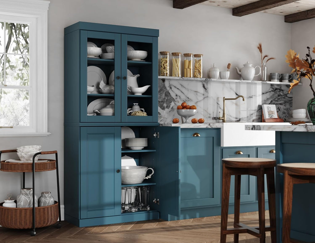 Palace Imports 100% Solid Wood Kitchen Pantry w/ 2 Glass & 2 Wood Doors, Teal Blue, 32" w x 71.5" h, Renewable Eco-Friendly Pine, Made in Brazil