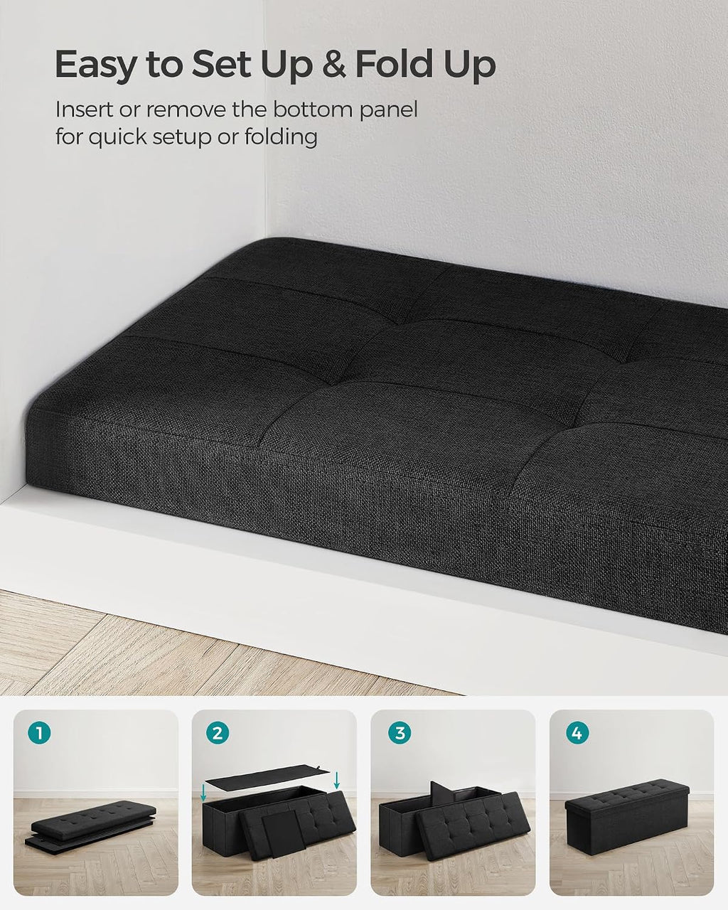 SONGMICS 43.3 Inches Folding Storage Ottoman Bench, Load 660 lb | Ottoman Foot Rest, Storage Chest, for Living Room, Entryway, Ink Black, MINOTA Collection ULSF077B01
