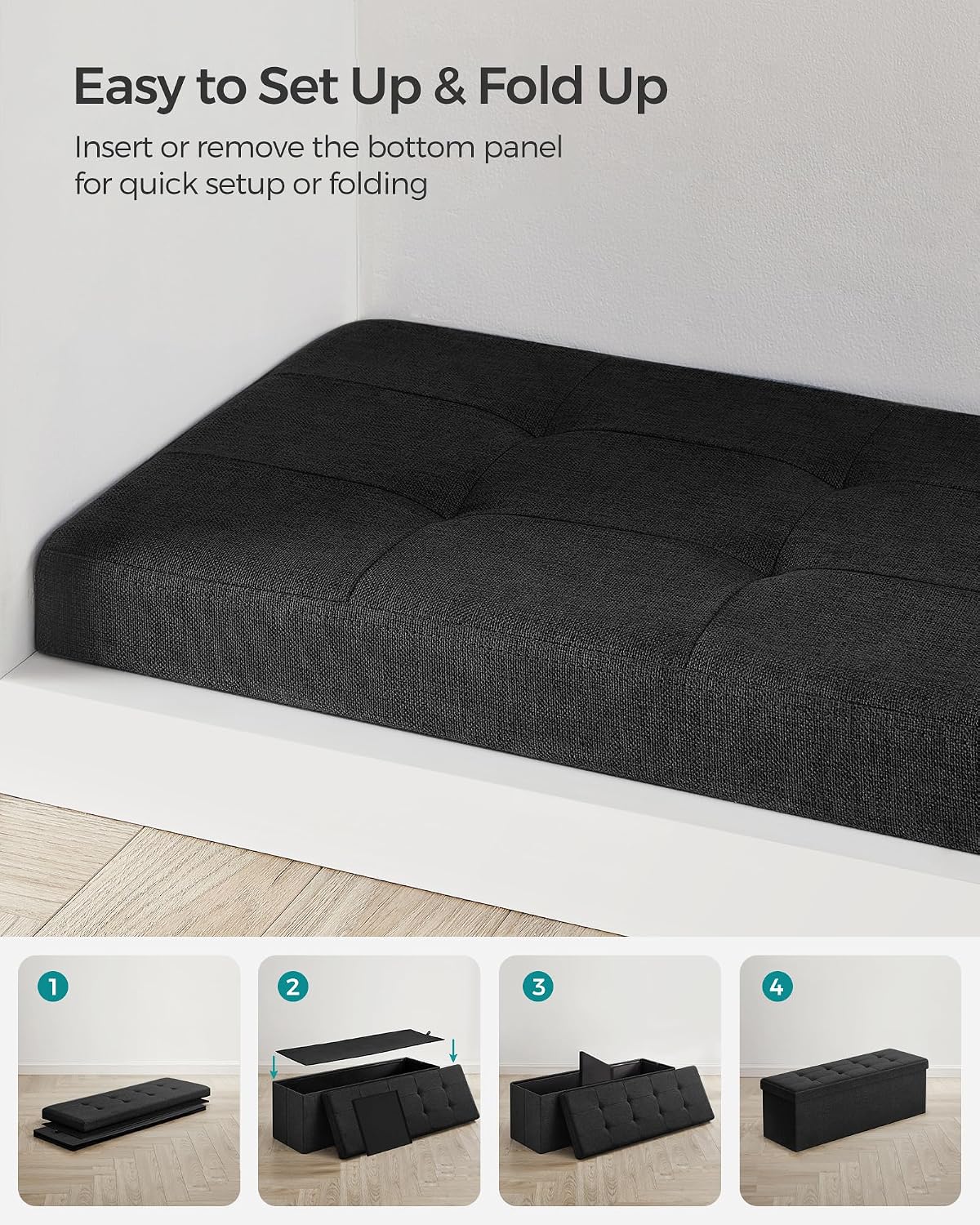 SONGMICS 43.3 Inches Folding Storage Ottoman Bench, Load 660 lb | Ottoman Foot Rest, Storage Chest, for Living Room, Entryway, Ink Black, MINOTA Collection ULSF077B01