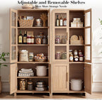 77" Tall Kitchen Pantry Cabinet,Thickened Panel,Oak,1Pcs | Wooden Curved Storage Cabinets with Adjustable Shelf, Cupboard with Glass Door for Dining Room, Living Room, Bathroom