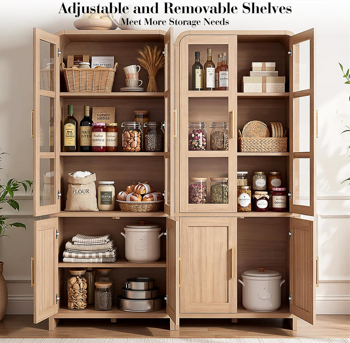 77" Tall Kitchen Pantry Cabinet,Thickened Panel,Oak,1Pcs | Wooden Curved Storage Cabinets with Adjustable Shelf, Cupboard with Glass Door for Dining Room, Living Room, Bathroom