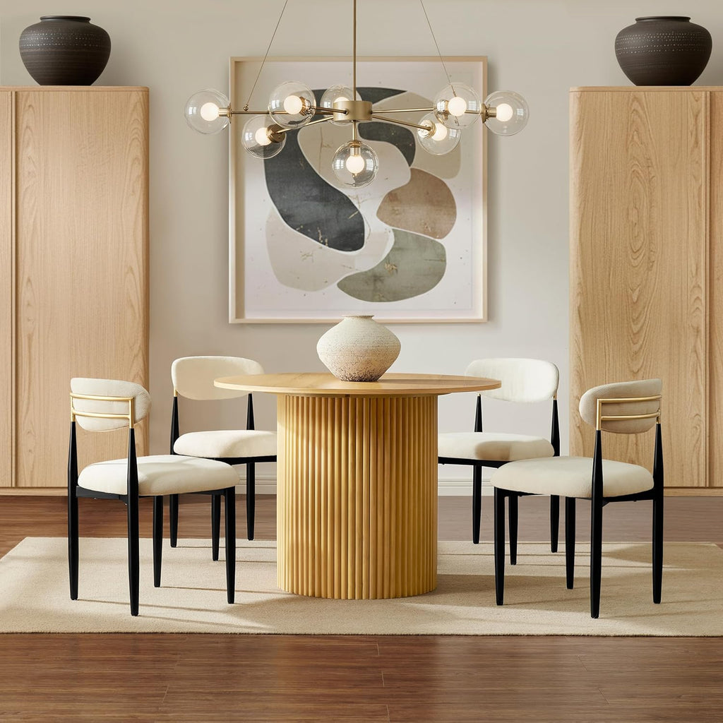 Morden Fort White Set of 2 Armless Upholstered Chenille Dining Chairs with Black Metal Legs and Gold Accent Back