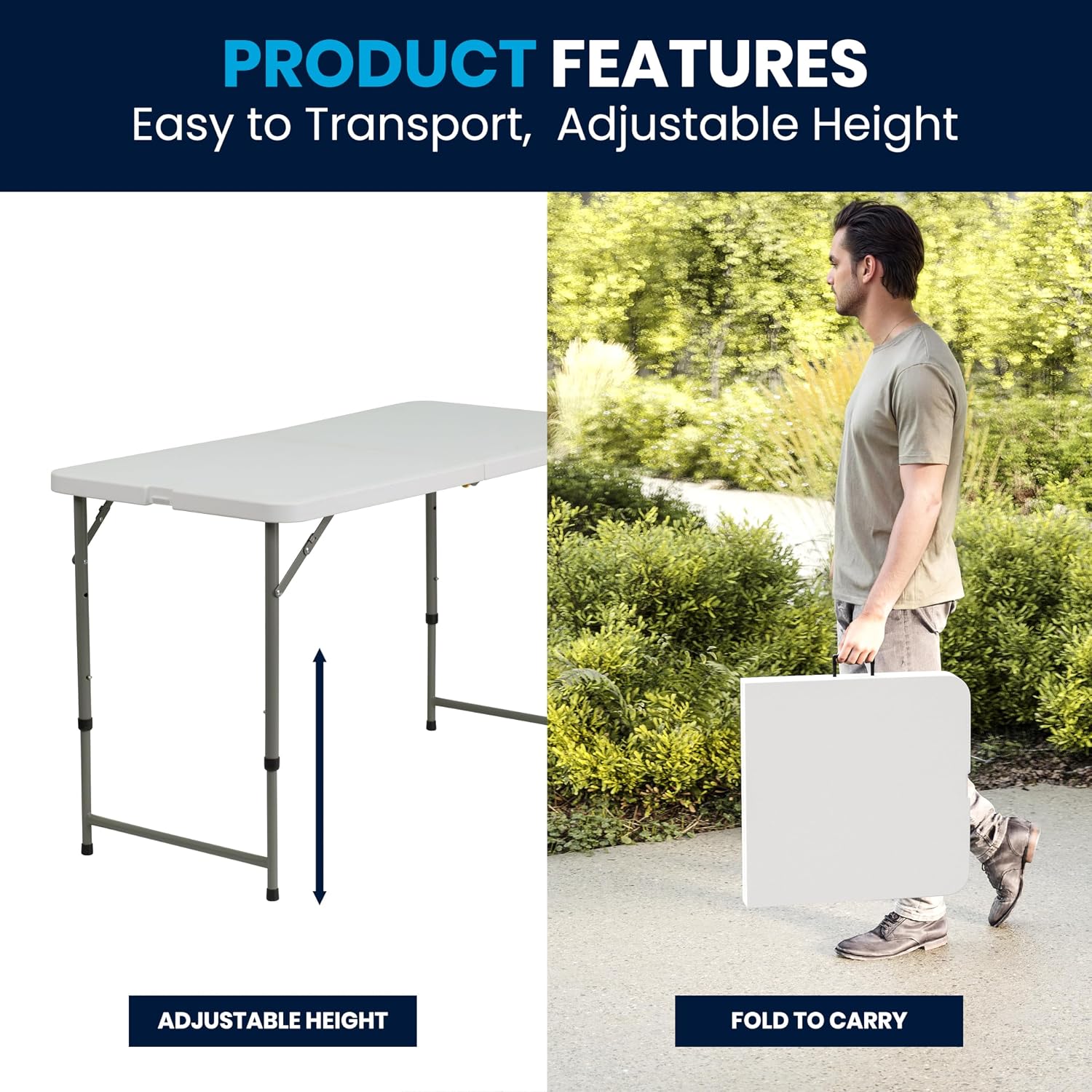 Flash Furniture 4-Foot Bi-Fold Granite White Plastic Folding Table | Lightweight, Easy Storage, Commercial Grade, Carrying Handle