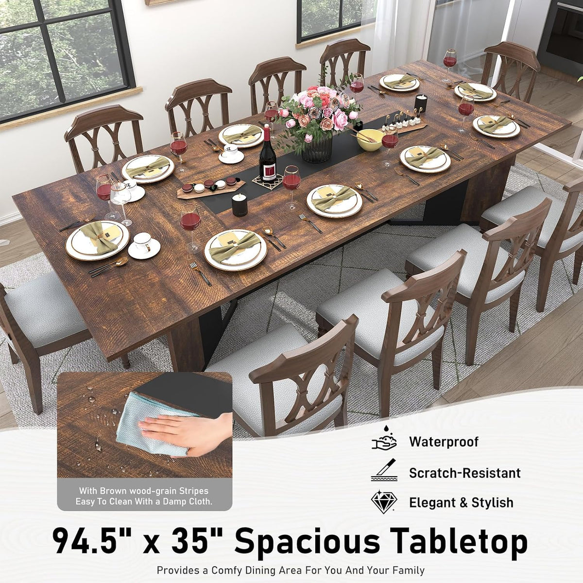 Hlivelood 94Inch Large Dining Table for 8 10 People,Wooden Rectangular Kitchen Table W/Waterproof Tabletop,Large Rectangle Furniture W/Adjustable Legs,Brown Dinner Table for Kitchen Dining Room(94IN)